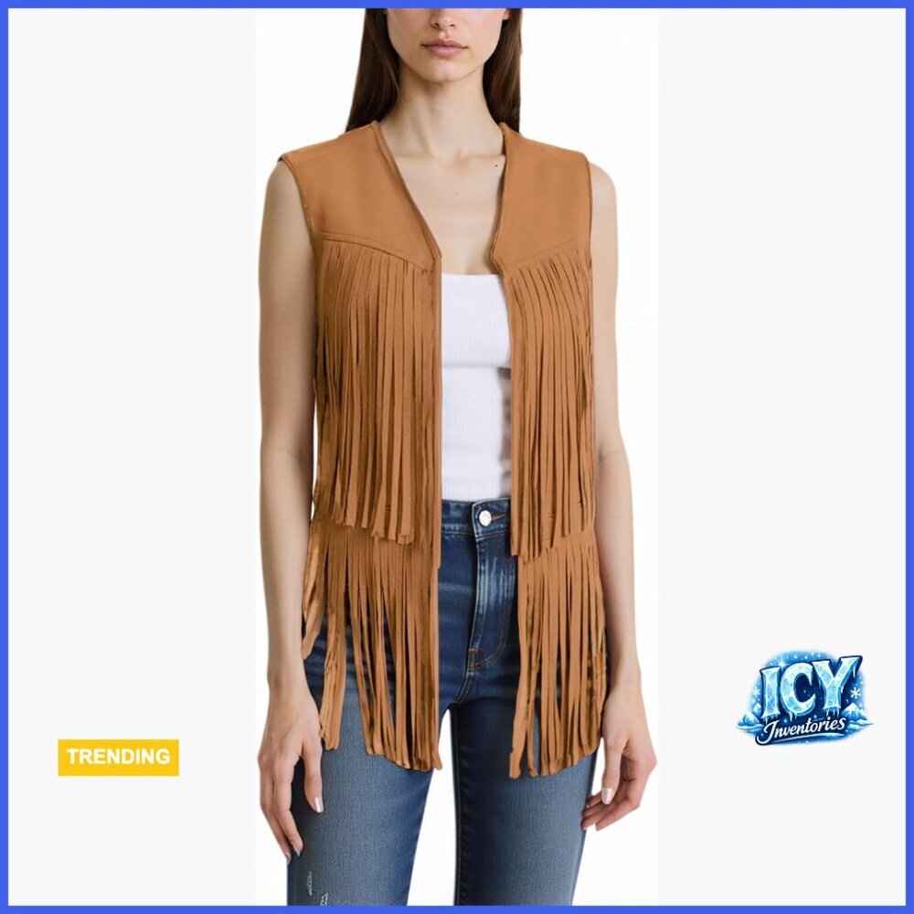 Faux Suede Leather Fringe Vest with Tassels for Hippie Western Costume